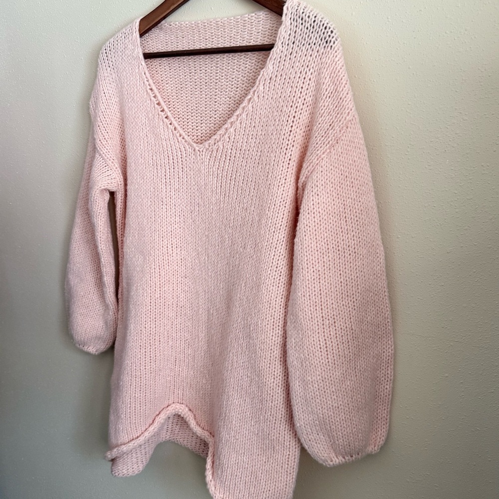 Blush Pink Chunky Knit Sweater Oversized Slouchy V Neck XL - Picture 3 of 12